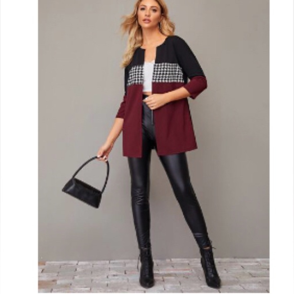 Houndstooth Print Cut-and-sew Open Front Top